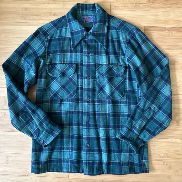 Vintage 60s Pendleton Board Shirt Small Wool Loop Collar Plaid Flap Pockets USA
